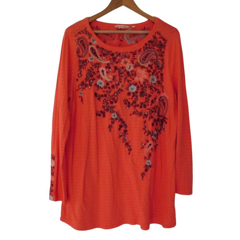 Soft‎ Surroundings Blouse  Orange Floral Beaded Embroidered Tunic Boho Sz Large
